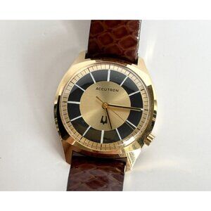 Accutron J250955 Gold Plated Gold Bulova Leather Tuning Fork Men's Watch - WORKS